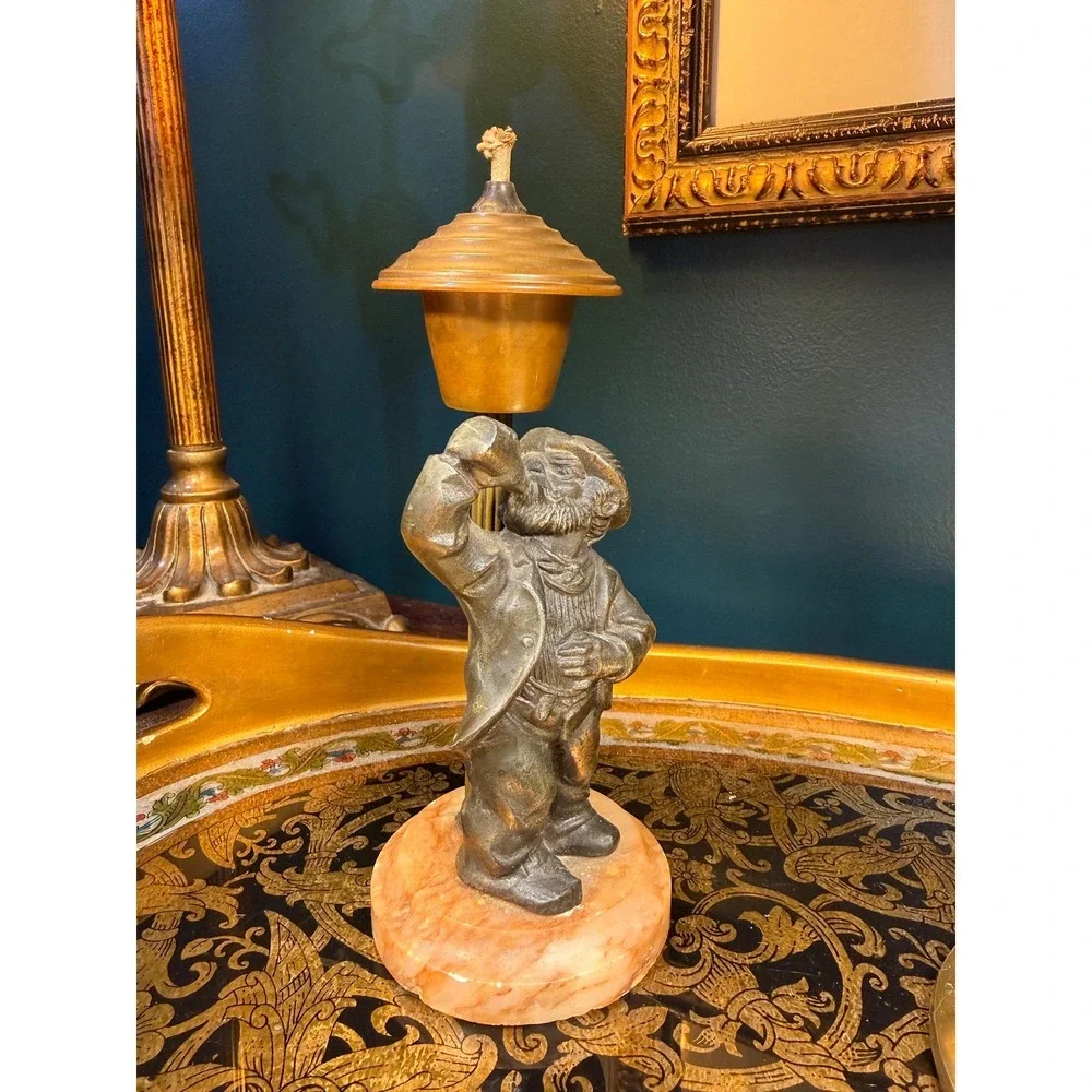 Vintage‎ 1940s Figural Oil Lamp | Drinking Man on Onyx Base | Brass Reservoir